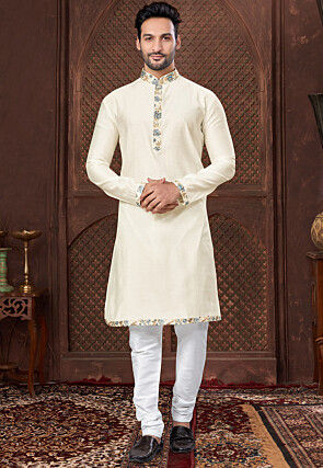 Contrast Trim Art Silk Kurta Set in Cream