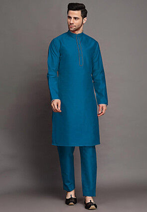 Contrast Trim Art Silk Kurta Set in Dusty Blue