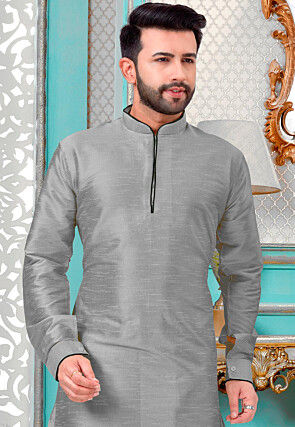 Contrast Trim Art Silk Kurta Set in Grey