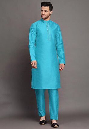 Contrast Trim Art Silk Kurta Set in Light Blue