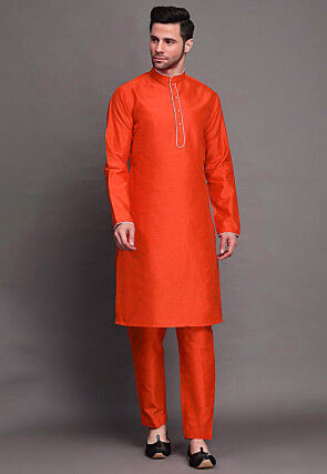 Contrast Trim Art Silk Kurta Set in Orange
