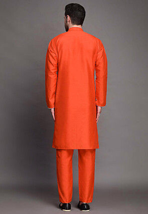 Contrast Trim Art Silk Kurta Set in Orange