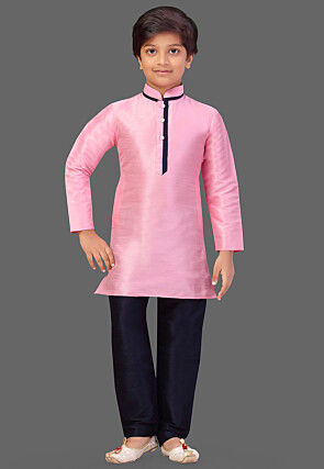 Contrast Trim Art Silk Kurta Set in Pink