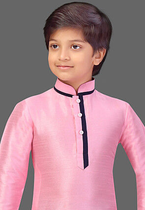 Contrast Trim Art Silk Kurta Set in Pink