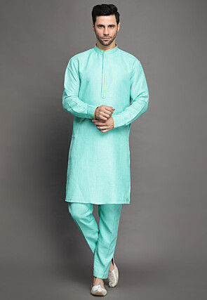 Contrast Trim Art Silk Kurta Set in Sky Blue