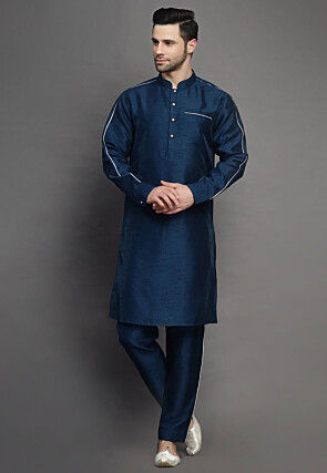 Contrast Trim Art Silk Kurta Set in Teal Blue