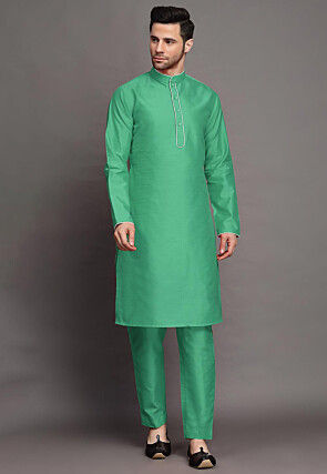 Contrast Trim Art Silk Kurta Set in Teal Green