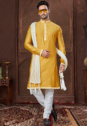 Contrast Trim Art Silk Kurta Set in Yellow