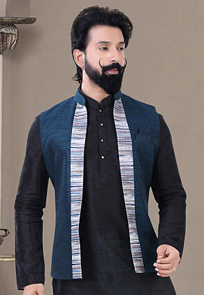Contrast Trim Art Silk Nehru Jacket in Blue