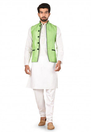 Contrast Trim Art Silk Nehru Jacket in Light Green