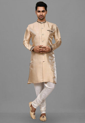 Contrast Trim Dupion Silk Sherwani in Beige