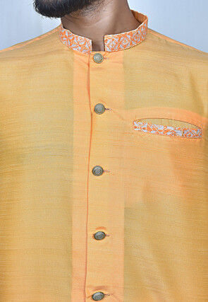 Contrast Trim Art Silk Front Open Dhoti Kurta in Beige