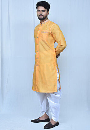 Contrast Trim Art Silk Front Open Dhoti Kurta in Beige