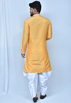 Contrast Trim Art Silk Front Open Dhoti Kurta in Beige