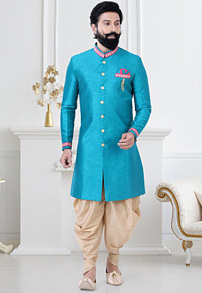 Contrast Trim Art Silk Sherwani in Blue