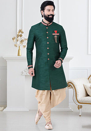 Contrast Trim Art Silk Sherwani in Green