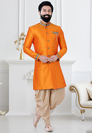 Contrast Trim Art Silk Sherwani in Orange