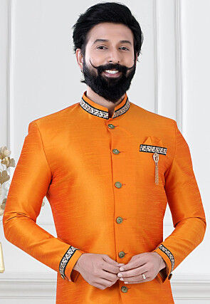 Contrast Trim Art Silk Sherwani in Orange