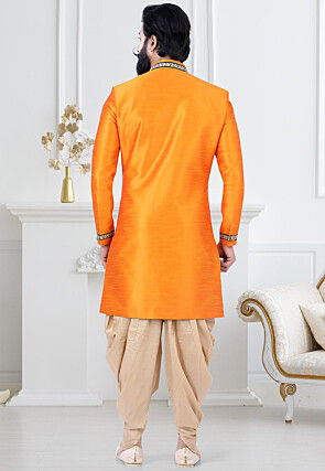 Contrast Trim Art Silk Sherwani in Orange