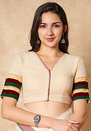 Contrast Trim Cotton Blouse in Cream