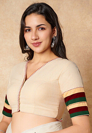 Contrast Trim Cotton Blouse in Cream