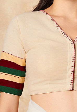 Contrast Trim Cotton Blouse in Cream