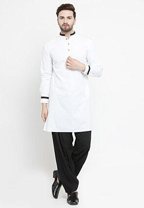 Contrast Trim Cotton Kurta Set in White