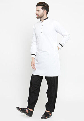 Contrast Trim Cotton Kurta Set in White