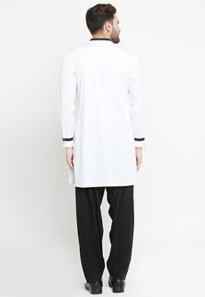 Contrast Trim Cotton Kurta Set in White