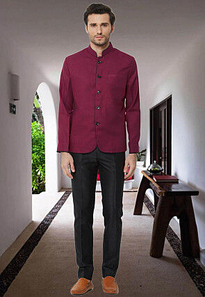 Contrast Trim Cotton Linen Jodhpuri Suit in Maroon