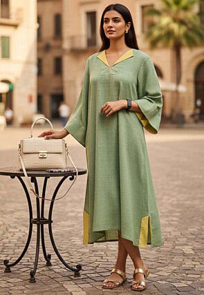 Contrast Trim Cotton Midi Dress in Pastel Green