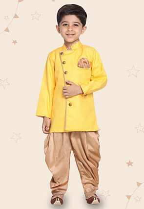 Contrast Trim Cotton Silk Dhoti Sherwani in Yellow