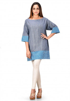 Contrast Trim Cotton Tunic in Dusty Blue