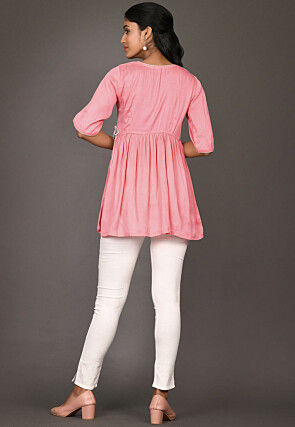 Contrast Trim Cotton Tunic in Peach