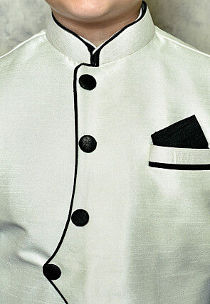 Contrast Trim Dupion Dhoti Kurta in Dark Green and Off White