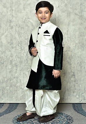 Contrast Trim Dupion Dhoti Kurta in Dark Green and Off White