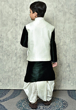 Contrast Trim Dupion Dhoti Kurta in Dark Green and Off White