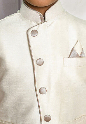 Contrast Trim Dupion Dhoti Kurta Jacket in Beige and Off White