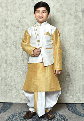 Contrast Trim Dupion Dhoti Kurta Jacket in Beige and Off White