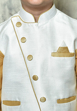 Contrast Trim Dupion Dhoti Kurta Jacket in Beige and Off White