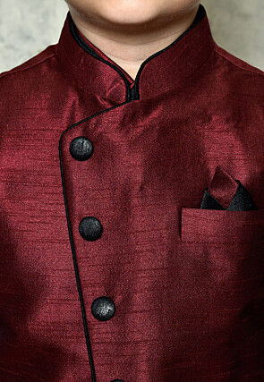 Contrast Trim Dupion Dhoti Kurta Jacket in Black and Maroon