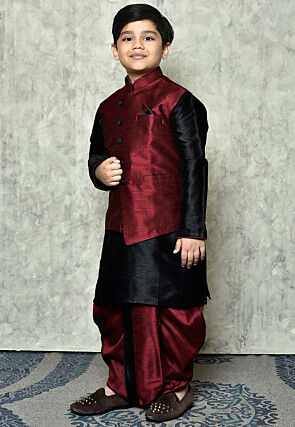 Contrast Trim Dupion Dhoti Kurta Jacket in Black and Maroon