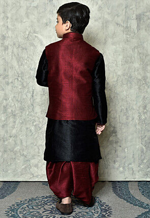 Contrast Trim Dupion Dhoti Kurta Jacket in Black and Maroon