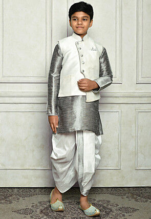 Contrast Trim Dupion Dhoti Kurta Jacket in Grey and Off White