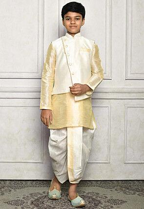 Contrast Trim Dupion Dhoti Kurta Jacket in Light Beige and White