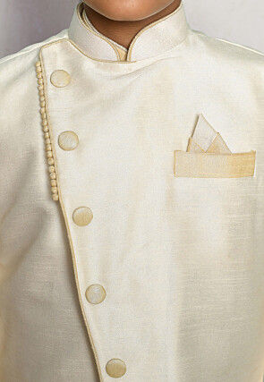 Contrast Trim Dupion Dhoti Kurta Jacket in Light Beige and White