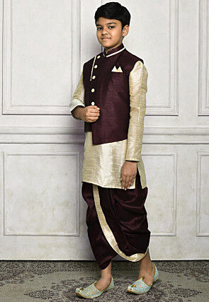 Contrast Trim Dupion Dhoti Kurta Jacket in Light Beige and Wine