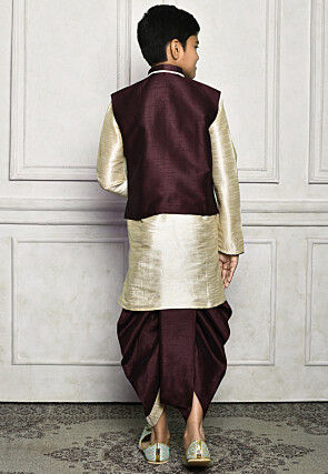 Contrast Trim Dupion Dhoti Kurta Jacket in Light Beige and Wine