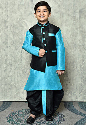 Contrast Trim Dupion Dhoti Kurta Jacket in Light Blue and Black