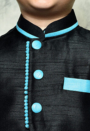 Contrast Trim Dupion Dhoti Kurta Jacket in Light Blue and Black